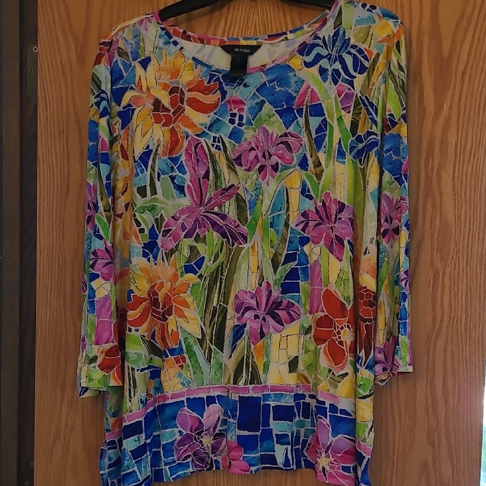 Alfred Dunner Pink and Purple Graphic Blouse with 3/4 Sleeves